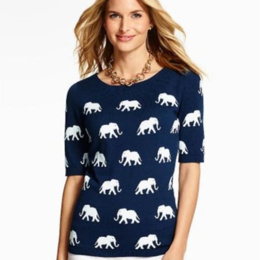 Talbots Elephant Print Short Sleeve Scoop Neck Pullover Sweater Size Medium